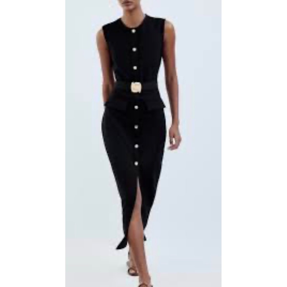 Zara Black Sleeveless Button Front Belted Midi Dress Gold Buckle Small
